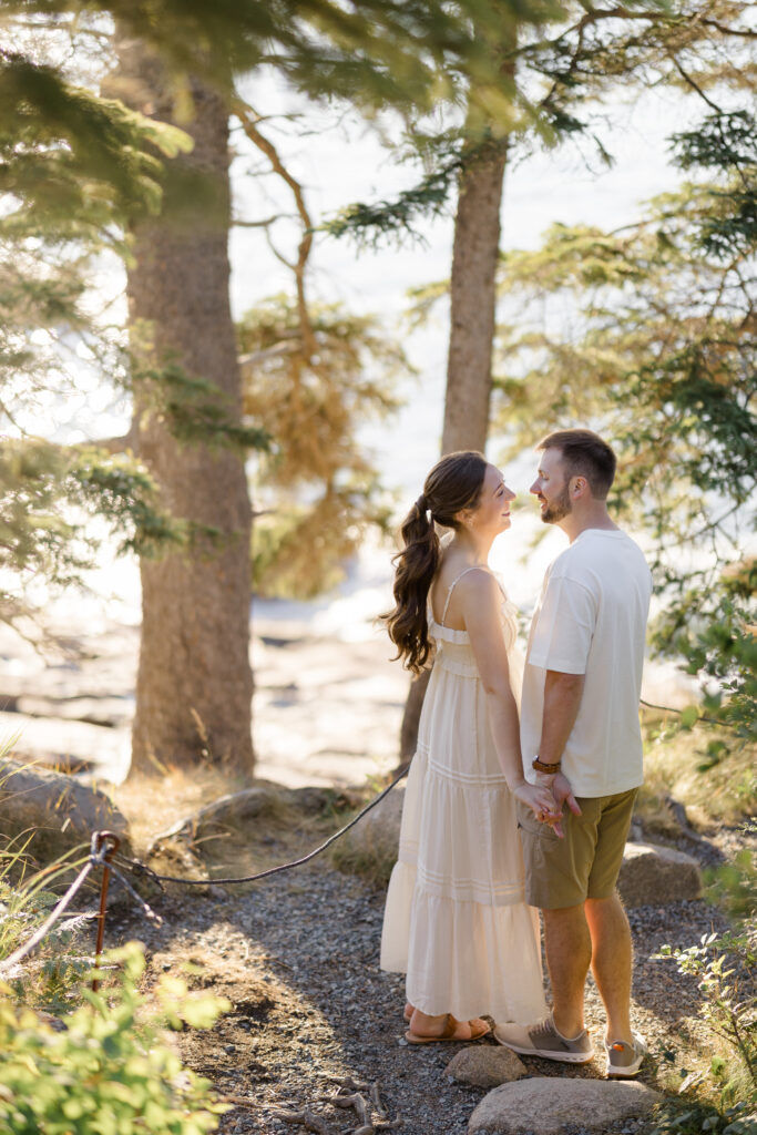 Maine Engagement Session in the trees by the water