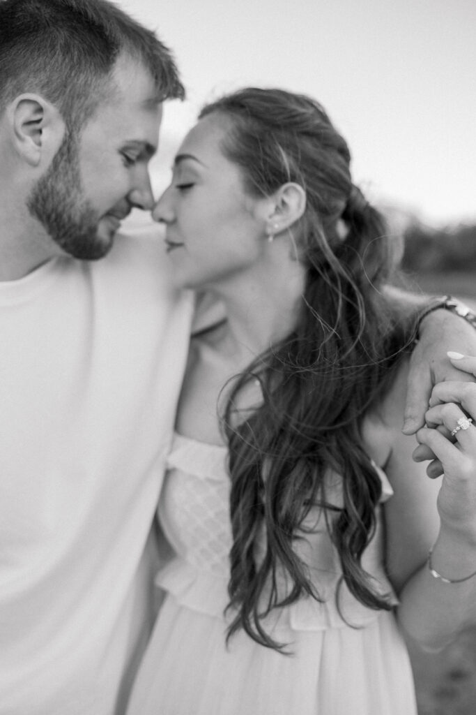 Coastal Maine black and white engagement photo